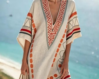 Robe d'été bohème à encolure en V et bordure en dentelle de coton mélangé, coupe décontractée pour les vacances à la plage