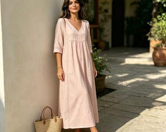 cotton Linen V-Neck Maxi Dress | Flowy Boho Casual Wear, Loose Fit Summer Dress
