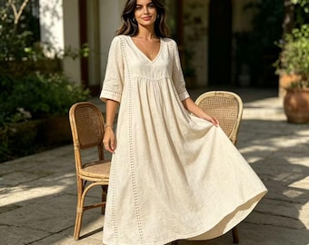 cotton Linen V-Neck Maxi Dress | Flowy Boho Casual Wear, Loose Fit Summer Dress