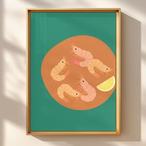 Schattig garnalen keuken kunst aan de muur, zeevruchten bord illustratie, Coastal Home Artwork, mediterrane garnalenschotel, afdrukbare digitale download