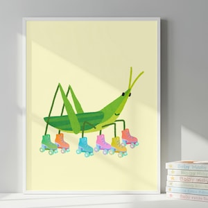 Stampa di una cavalletta buffa sui pattini a rotelle, decorazione murale per la cameretta dei bambini, decorazione stravagante con insetti per la cameretta, poster divertente con animali, download digitale stampabile.