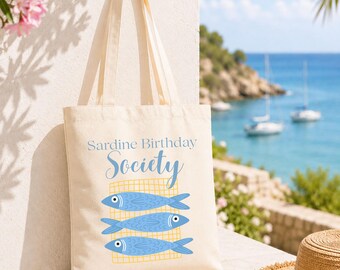Birthday Tote Bag, Sardine Tote Bag, Canvas Tote Bag, Beach Tote Bag, Coastal Birthday Gift, Girls Trip Bag, Birthday Gift For Her
