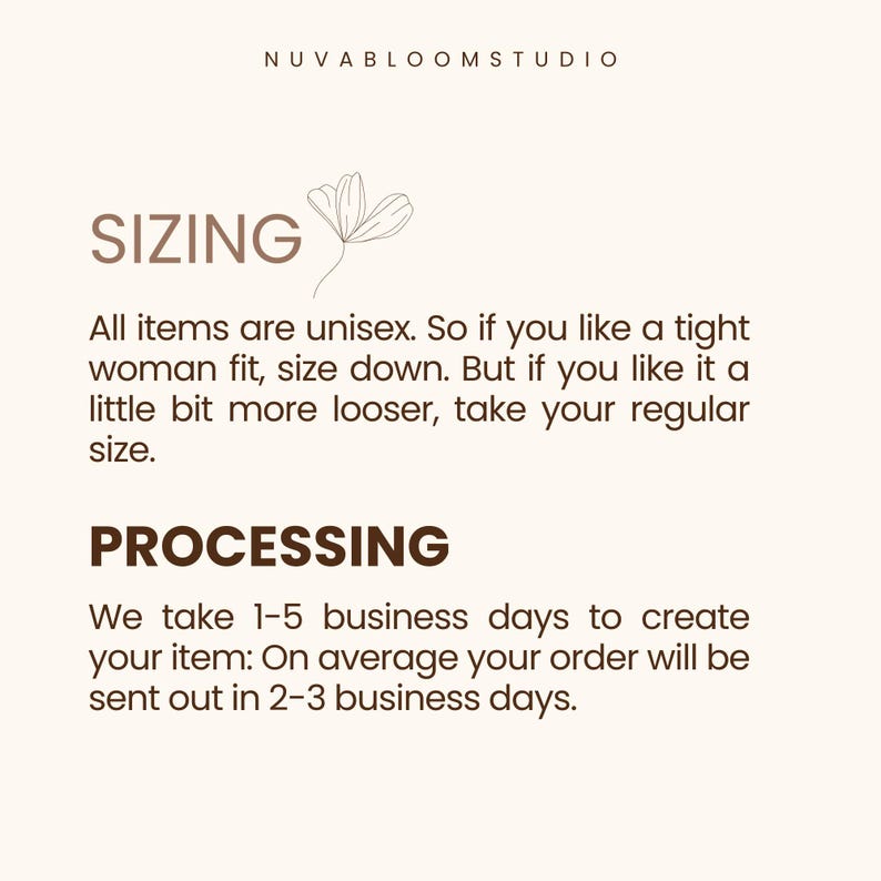 Peut inclure: Un graphique informatif de Nuvabloomstudio avec du texte brun fonc&eacute; sur fond clair. Il d&eacute;taille les conseils de taille pour les articles unisexes, sugg&eacute;rant de choisir une taille en dessous pour une coupe ajust&eacute;e ou sa taille habituelle pour plus d'aisance.
