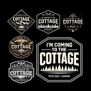 May include: A collection of black and white cottage-themed logos. Each logo features the text "I'm Coming to the Cottage" with imagery of trees, mountains, and lakes. Some logos include "Canada" and the year "2025" or "2026".