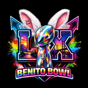 May include: A vibrant graphic featuring a football trophy with a colorful, reflective surface, set against a black background. The design includes bunny ears, the text "Bad Bunny", and "Benito Bowl" in neon colors, with the Roman numeral "LX".
