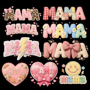 Op de afbeelding: Een verzameling decoratieve "MAMA" ontwerpen in verschillende stijlen, waaronder bloemen, luipaardprint en gebreide texturen. Bevat ook een hartvormig ontwerp met de tekst "Happy Mother's Day" en een smiley-ontwerp.