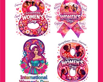 May include: A collection of four colorful illustrations celebrating International Women's Day. Each design features the number eight, flowers, and silhouettes of women, with text that reads "International Women's Day". The designs are in shades of pink, purple, and red.