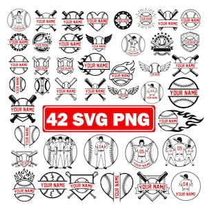 42 baseboll SVG-paket | Anpassat namn baseboll SVG PNG | Basebolllagslogotyper, sport-svg, Cricut-klippfiler, basebollmamma-svg