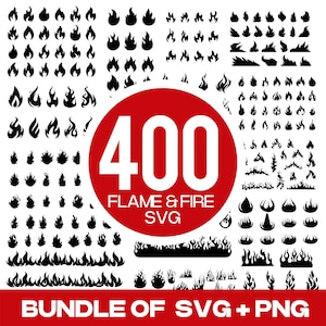 May include: A collection of 400 black flame and fire SVG and PNG graphics. The image features various flame designs, a large red circle with the number 400, and the text "FLAME & FIRE SVG" and "BUNDLE OF SVG + PNG".