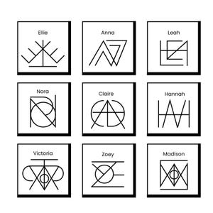 Könnte beinhalten: Neun minimalistische Schwarz-Weiß-Kunstdrucke mit Namen. Jeder Druck zeigt einen anderen Namen: Ellie, Anna, Leah, Nora, Claire, Hannah, Victoria, Zoey und Madison. Die Namen sind mit geometrischer Linienkunst stilisiert.