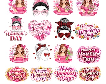 May include: A collection of 15+ PNG graphics featuring illustrations of women, hearts, bows, and floral designs. Text includes "Happy Women's Day" and "International Women's Day". The images are in pink, red, and white.