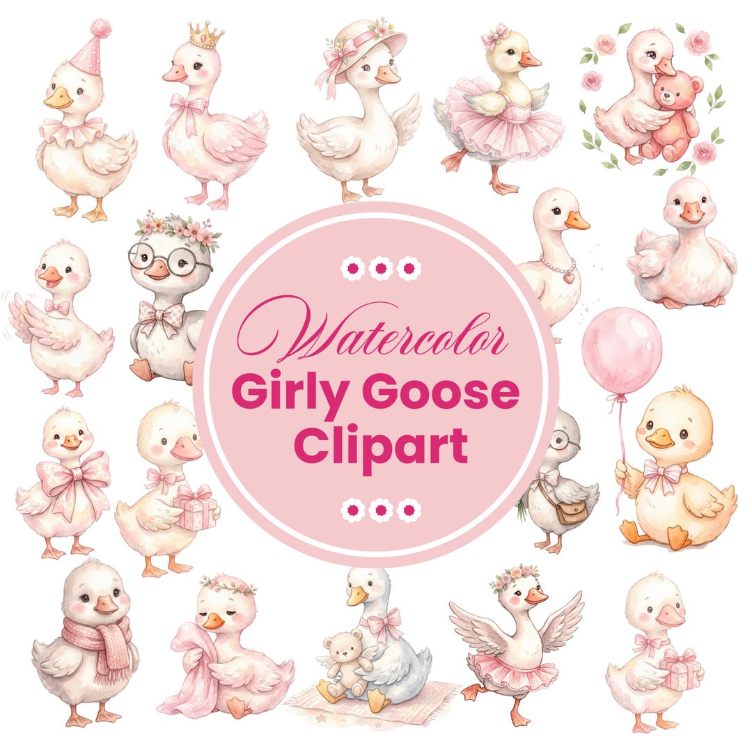 Watercolor Goose Clipart Bundle, Cute Girly Duck PNG, Preppy Pink ...