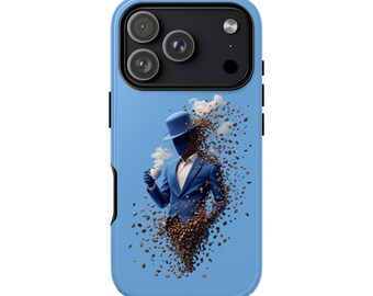 Smoking Gentleman Handyhülle in feine Partikel auflösend | blaue surreale Kunst
