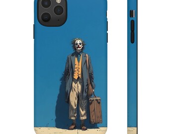 Clown mit Koffer Handyhülle | Joker-inspirierte Illustration, blauer Hintergrund