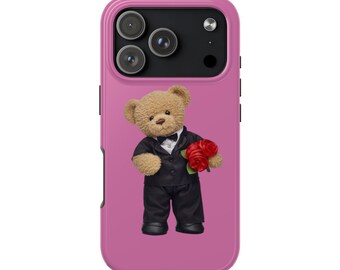 Teddybär im Smoking Telefon-Fall | Rosen Blumenstrauß Romantisches Design