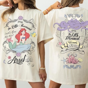 Koszulka z Małą Syrenką, Koszulka z Ariel Urszulą, Dwustronna koszulka Disney, Koszulka z kreskówkową grafiką w stylu vintage, Koszulka z Księżniczką-Złoczyńcą, Strój Disney na wakacje zdjęcie 1