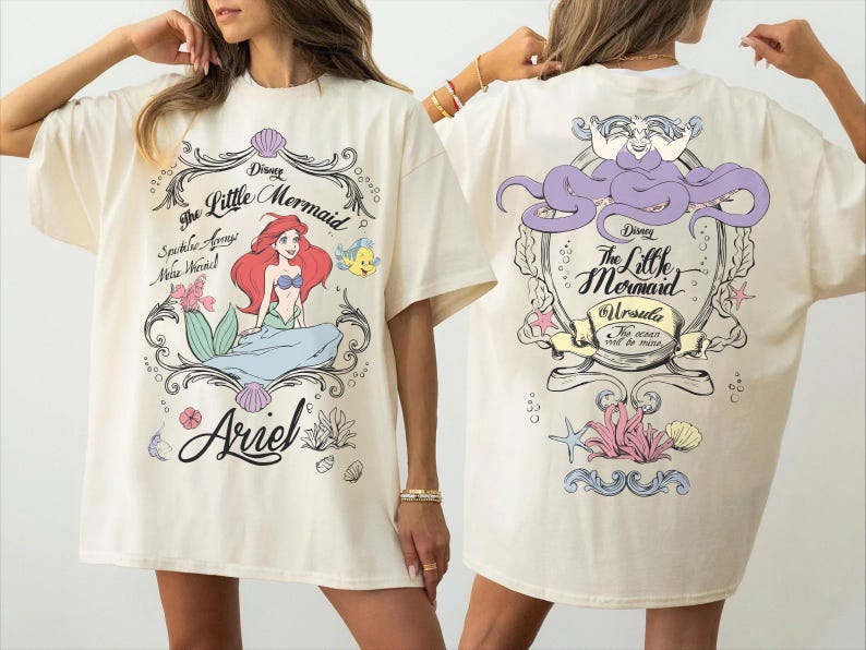 Koszulka z Małą Syrenką, Koszulka z Ariel Urszulą, Dwustronna koszulka Disney, Koszulka z kreskówkową grafiką w stylu vintage, Koszulka z Księżniczką-Złoczyńcą, Strój Disney na wakacje zdjęcie 1