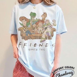 May include: A light blue t-shirt featuring a graphic of Toy Story characters sitting on a couch with the text "FRIENDS SINCE 1995" printed below. The characters include Woody, Rex, Bullseye, Slinky Dog, Mr. Potato Head, Jessie, and Buzz Lightyear.