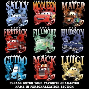 Vintage Cars Cartoon Shirt, Lightning McQueen Mater Sally Doc Hudson Guido Mack Tee, Retro Graphic Outfit, Family Gift Idea image 2