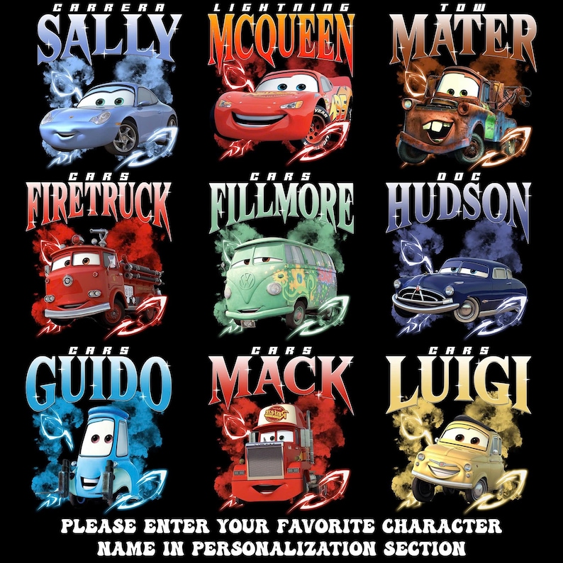 Vintage Cars Cartoon Shirt, Lightning McQueen Mater Sally Doc Hudson Guido Mack Tee, Retro Graphic Outfit, Family Gift Idea image 2