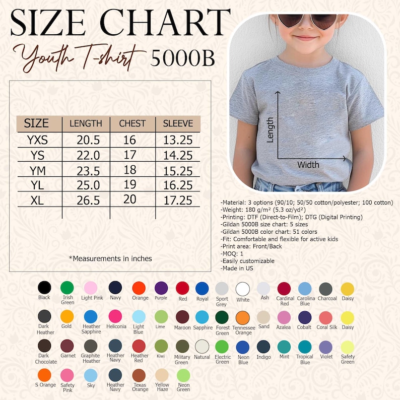 May include: Size chart for a youth t-shirt, featuring measurements in inches for sizes YXS to XL. Includes length, chest, and sleeve dimensions. The chart also lists available colors and material options. A young person models the t-shirt.