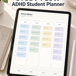 May include: A digital tablet displaying the Study Flow ADHD Student Planner interface. The screen features a main menu with four columns labelled Plan, Track, Study, and Notes, containing various interactive buttons for academic organisation.
