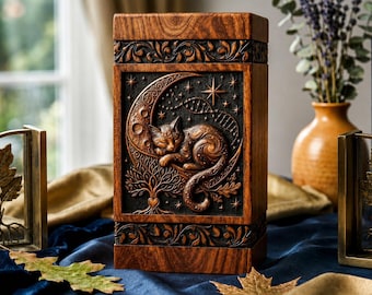 Hand-Carved Walnut Cat Urn - Celestial Moon & Stars Pet Memorial Box