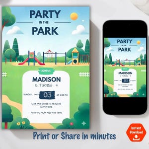 May include: A digital invitation for a "Party in the Park" with a playground illustration. The invitation includes the text "Join Us", the name "Madison", and the date and time of the party. The invitation is also displayed on a smartphone.
