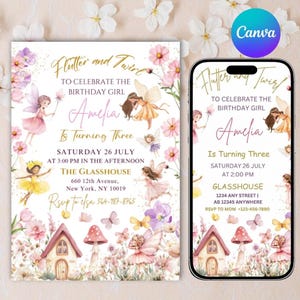 Pode incluir: Um convite de aniversário com tema de fadas com o texto "Flutter and Twirl" e "Amelia Is Turning Three". O convite apresenta ilustrações de fadas, flores e uma casinha. O convite é exibido em um fundo branco.