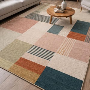 Moderner Geometrischer Teppich | Abstrakter Patchwork Teppich | Skandinavischer Boho Wohnzimmer Teppich | Handgefertigter getufteter Schlafzimmer- und Esszimmerboden