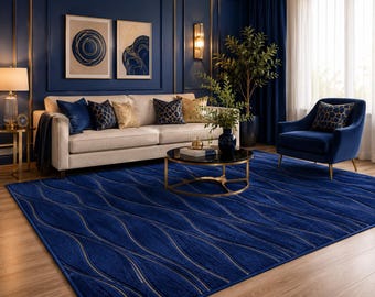 Tappeto in lana trapuntato a mano Midnight Wave – Design a ricciolo blu navy e oro