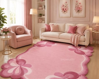 Blush Bloom Irregular Tufted Rug – Elegant Floral Pink Statement Carpet