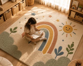Tapete infantil arco-íris tufado à mão – Tapete colorido para berçário e sala de jogos com sol sorridente | Tapete infantil macio feito à mão