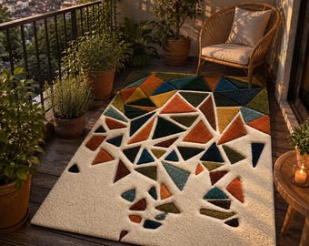 Moderner Geometrischer Wollteppich - Abstraktes Dreieck Design in Erdtönen