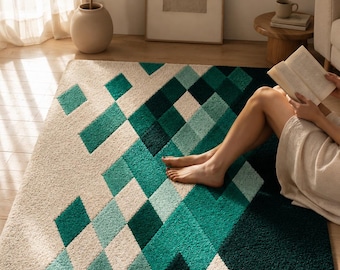 Handgetufteter Geometrischer Teppich, Moderner Wollteppich, Geometrischer Teppich, Smaragdgrüner Rautenteppich, Handgefertigter Teppich in Sondergröße