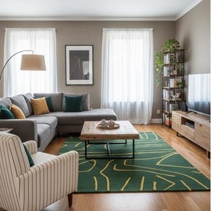 Puede incluir: Un salón moderno con un sofá seccional gris, una mesa de centro de madera y una alfombra verde con un diseño abstracto amarillo. La habitación cuenta con un sillón a rayas, una lámpara de pie y un mueble de TV de madera. Las paredes están pintadas en un color neutro.