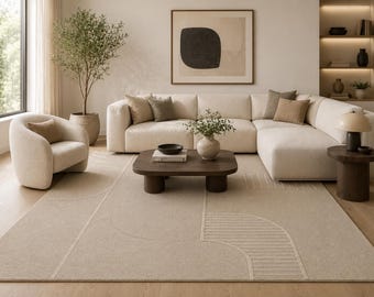 Minimalistischer Handgetufteter Beigefarbener Abstrakter Wollteppich - Moderner Geometrischer Wollteppich