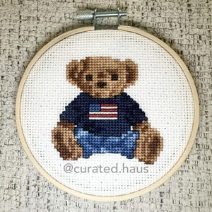 Preppy Teddy Bear Navy Flag Cross Stitch PDF Digital Pattern