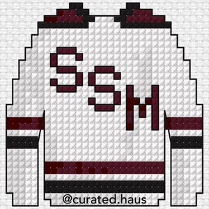May include: White hockey jersey with maroon and black detailing. The jersey displays the letters "SSM" in maroon block letters. The sleeves have maroon and black stripes. The text "@curated.haus" is at the bottom.