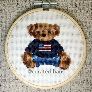 Preppy Teddy Bear Navy Flag Cross Stitch PDF Digital Pattern