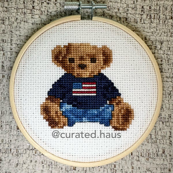 Preppy Teddy Bear Navy Flag Cross Stitch Pattern PDF (Digital Download)