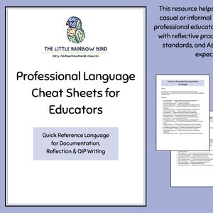 May include: A white document titled "Professional Language Cheat Sheets for Educators" with text that reads "Quick Reference Language for Documentation, Reflection & QIP Writing." The document includes printable pages of example phrases and sentence starters.