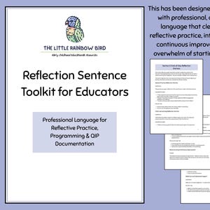 May include: A white document titled "Reflection Sentence Toolkit for Educators" with the text "Professional Language for Reflective Practice, Programming & QIP Documentation." Includes over 20 printable pages of tips and examples.