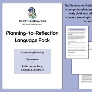 May include: An educational resource, the Planning-to-Reflection Language Pack, is shown. The cover has text and a bird logo. It's designed for early childhood educators. Includes over 15 printable pages with phrases, sentence structures, and examples.