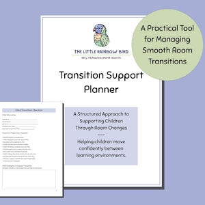 May include: A white Transition Support Planner with the text "THE LITTLE RAINBOW BIRD" and "Transition Support Planner". A smaller checklist is on the left. A green circle reads "A Practical Tool for Managing Smooth Room Transitions".