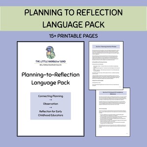 May include: A digital educational resource titled Planning to Reflection Language Pack featuring 15+ printable pages. The cover page displays the text The Little Rainbow Bird and a bird illustration. Two additional pages show text sections.