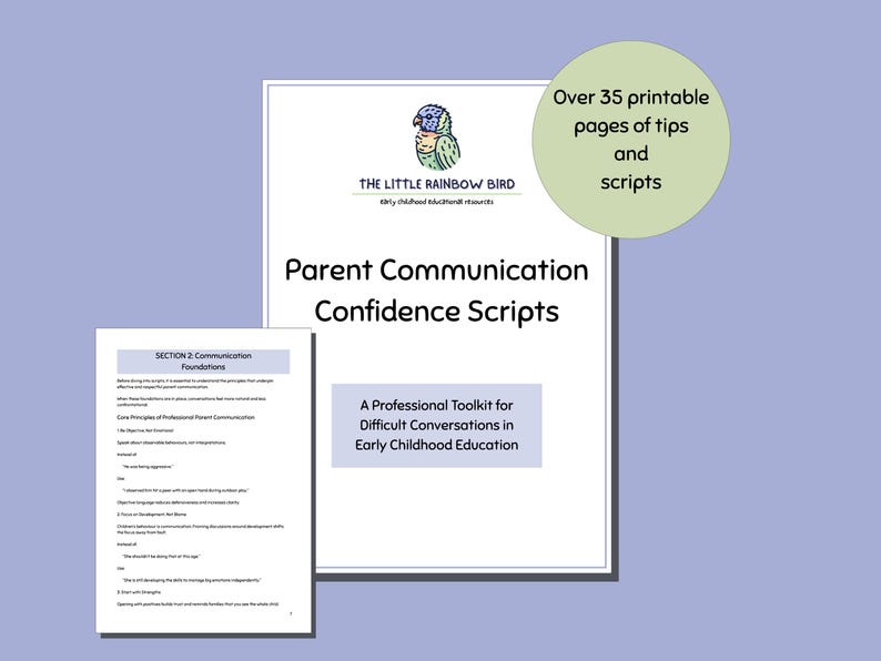 Pu&ograve; includere: Un prodotto digitale intitolato "Parent Communication Confidence Scripts" con oltre 35 pagine stampabili di suggerimenti e script. &Egrave; un kit di strumenti professionale per conversazioni difficili nell'educazione della prima infanzia. Sfondo azzurro.