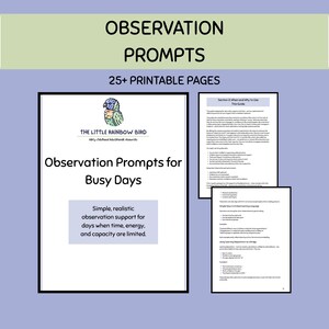 May include: A set of 25+ printable pages titled Observation Prompts for Busy Days. The document features a logo of a small bird, black text on white paper, and includes sections on observation support, guidance, and practical learning language.