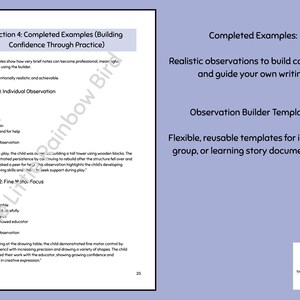 May include: A document page titled Section 4: Completed Examples (Building Confidence Through Practice) featuring two examples of child observations with dot points and paragraphs, alongside a section for Observation Builder Templates.