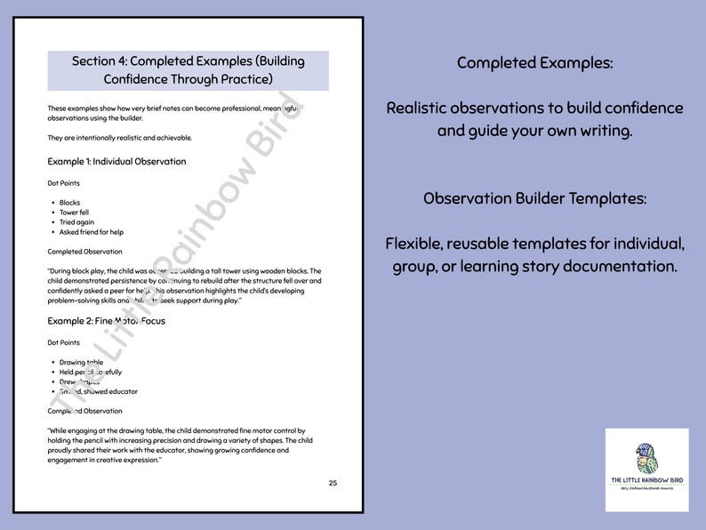 May include: A document page titled Section 4: Completed Examples (Building Confidence Through Practice) featuring two examples of child observations with dot points and paragraphs, alongside a section for Observation Builder Templates.